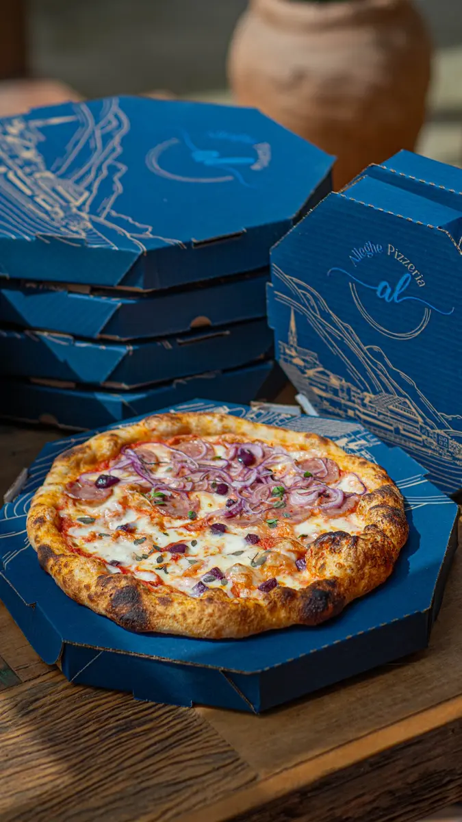 Pizza Alleghe apresentada na embalagem de delivery